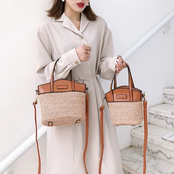

Bucket straw bag handmade rattan woven retro vintage straw rope knit women's messenger handbag fresh summer beach bag bohemian