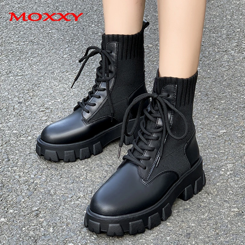 2020 New Combat Women Winter Boots Lace Up Gothic Black Sock Platform Boots Leather Ankle Boots Women Shoes Fashion Botas Mujer
