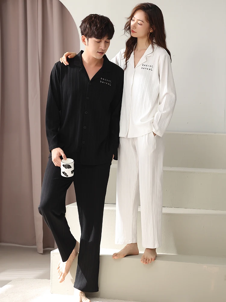 New Pure Cotton Couple Pajamas Men&Women Sleepwear 2pcs Soft Long Sleeve Pijama Design Dark Grey Home Wear Spring Autumn Pyjamas