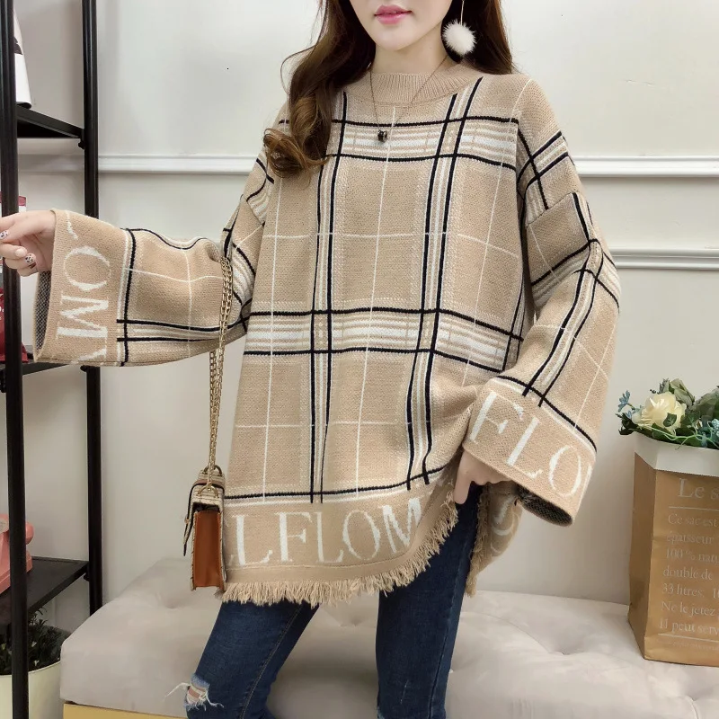 

[EWQ] Leisure V Neck Full Sleeve Plaid Tassel Pullover Women Loose Plus Size Knitting Sweater 2019 Autunmn Winter New QL087