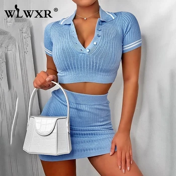 

WLWXR Two Piece Skirt Set Women Ribbed Knitted Suit Summer Outfits Crop Top and Skirt Women Female Ladies Tracksuit Matching Set