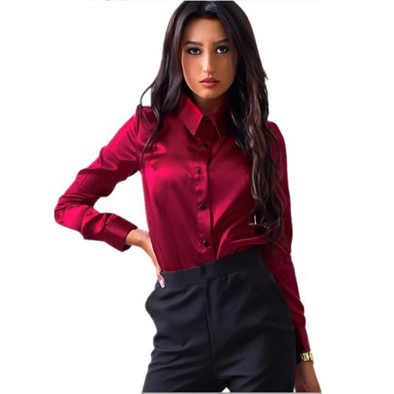 Blusa женская блузка элегантная винно-Красная Зеленая атласная рубашка с отложным