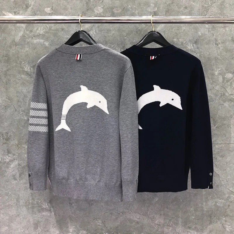 

New 2020 Spring Dolphin Men's and Women's Unisex Knitting Sweater Outerwear Stripe Four Bar Cardigan Sweater Grey Blue