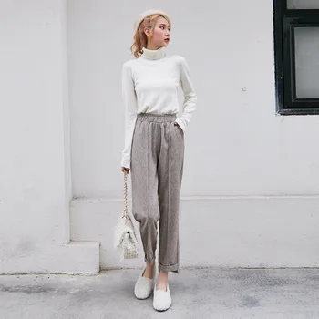 

Woolen Elastic Band High Waist Pocket Hem Irregular Horn Nine Pants Women Streetwear Korean Women Pant Loose Plus Size Pants