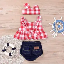 MUQGEW/ г., летний комплект для маленьких девочек, короткая юбка для новорожденных, оголовье в клеточку, футболка одежда для малышей Топы+ джинсовая одежда