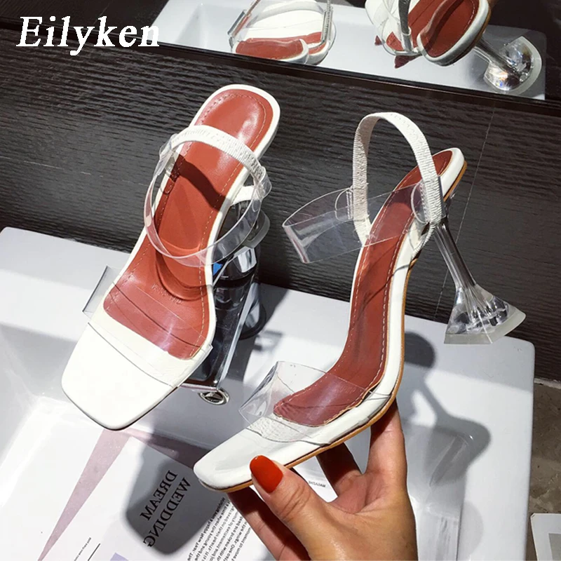 

EilyKen White PVC Jelly Sandals Fashion Square Toe Perspex Spike High Heels Transparent Crystal Heel Female Nightclub Shoes