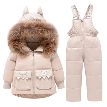 

Winter new kids down jacket suit Two-piece thick down jacket for baby + warm down pants Natural fur collar snow jacket for girls