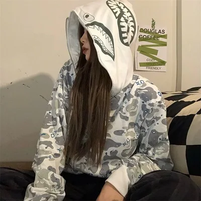 Zipper Shark Camouflage Hoodies Women Men Sweatshirts Harajuku Hip-Hop Loose Couple Coat Korean Funny Oversized Hoodie Jacket pink hoodie