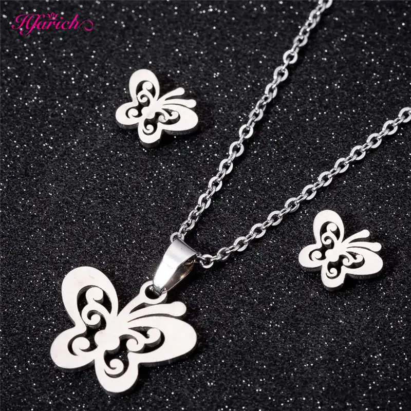 Silver Butterfly Set Hfarich набор ювелирных изделий из нержавеющей стали элегантный Микки бабочка из нержавеющей стали ожерелье серьги набор любовника обручальное колье - Окраска металла: Silver Butterfly Set