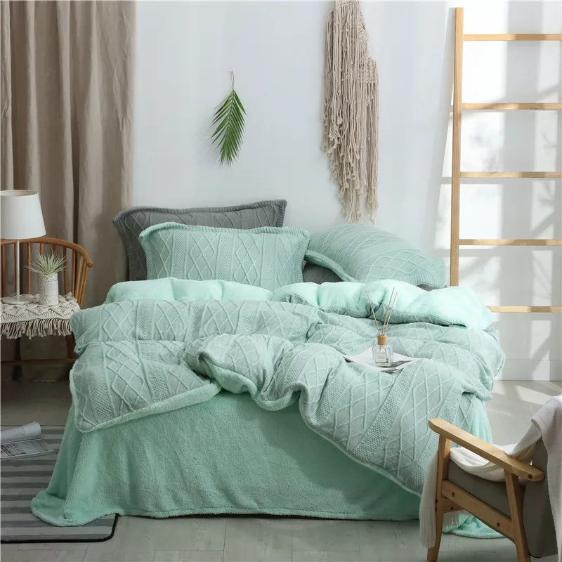 

Knited Fleece Diamond pattern Blue Grey Duvet Cover set Ultra Soft Warm Bedding set for Winter Bed sheet set Quen King size