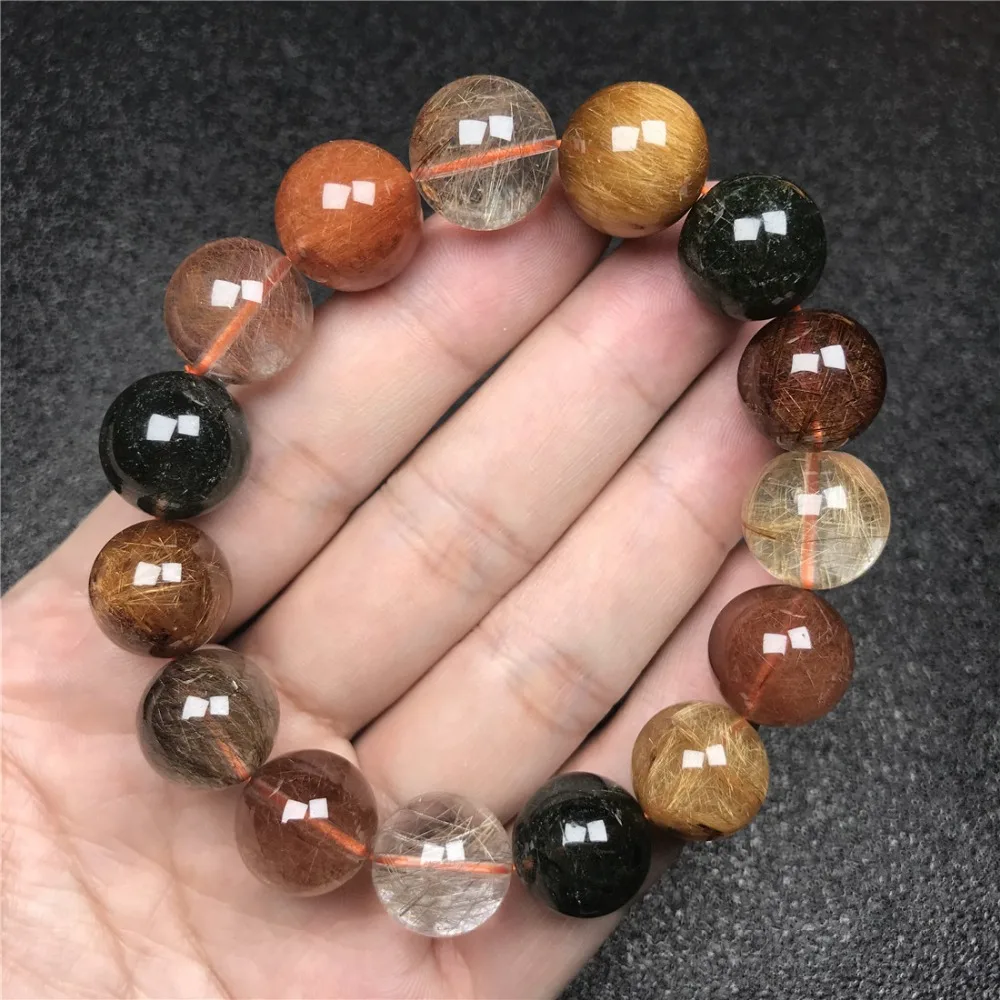 14 мм натуральный красочный Rutilated браслет для женщин мужчин любовь подарок драгоценный камень кристалл стрейч круглые бусины модные ювелирные изделия AAAAA