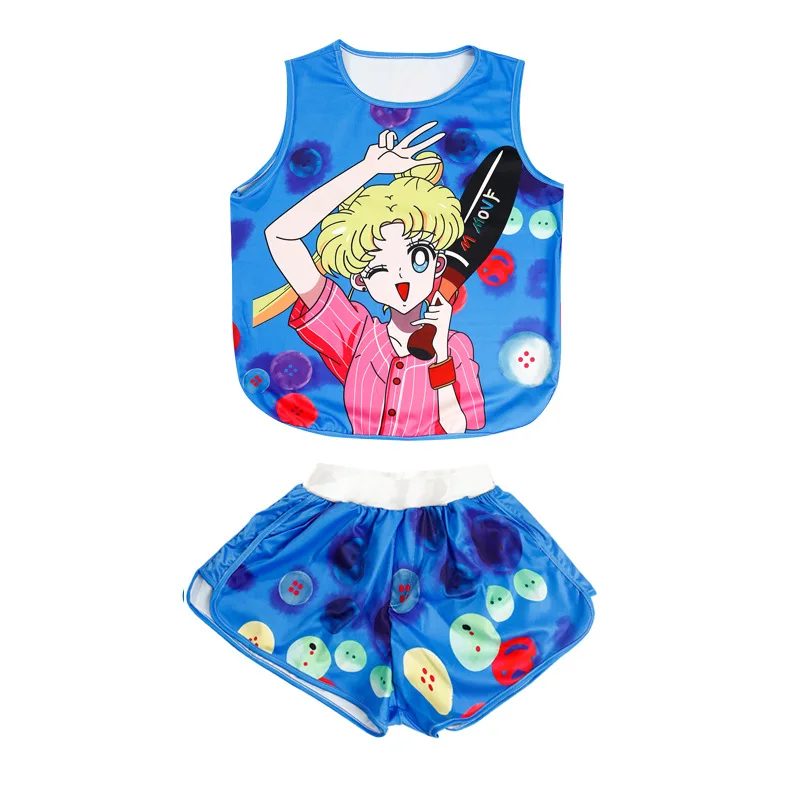 

Summer New Style Short Sleeve Two-Piece Set Loose Vest Baseball GIRL'S Harajuku Elastic Waist Shorts Two-Piece Set Tz126