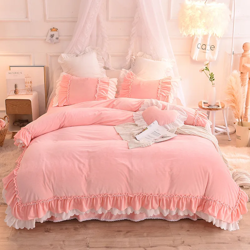 Уплотненная зимняя теплая бархатная юбка для кровати для принцессы с кристаллами, 4 предмета, детский бархатно-хлопковый Пыленепроницаемый Чехол для кровати с двойным v-образным вырезом
