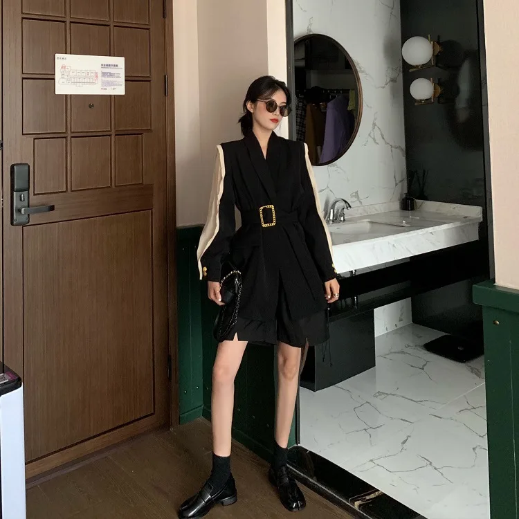 

Photo Shoot Net Price Control 68 Black And White with Pattern Suit Jacket Autumn Clothing New Style Mixed Colors Mid-length Wais