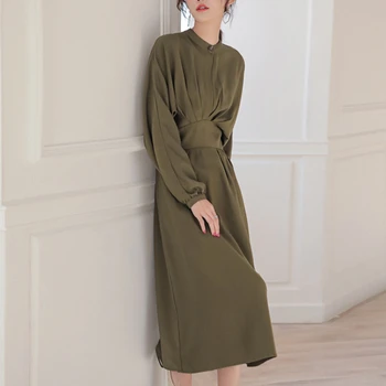 

Spring New Vintage Elegant Women Dress Stand Collar Batwing Sleeve Slim Waist A-line Female Solid Dresses Midi Vestidos Femme