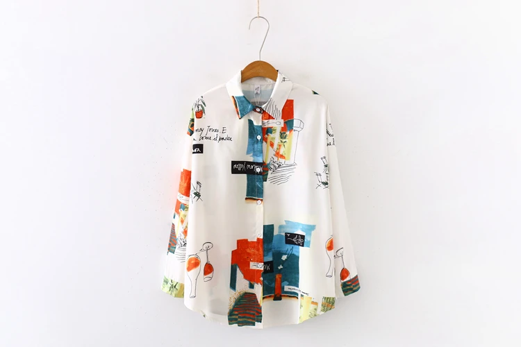 Новое поступление ретро граффити печати оверсайз отложной шифоновая блузка с воротником кнопка вверх Повседневная Свободная рубашка Feminina Blusa T99009F