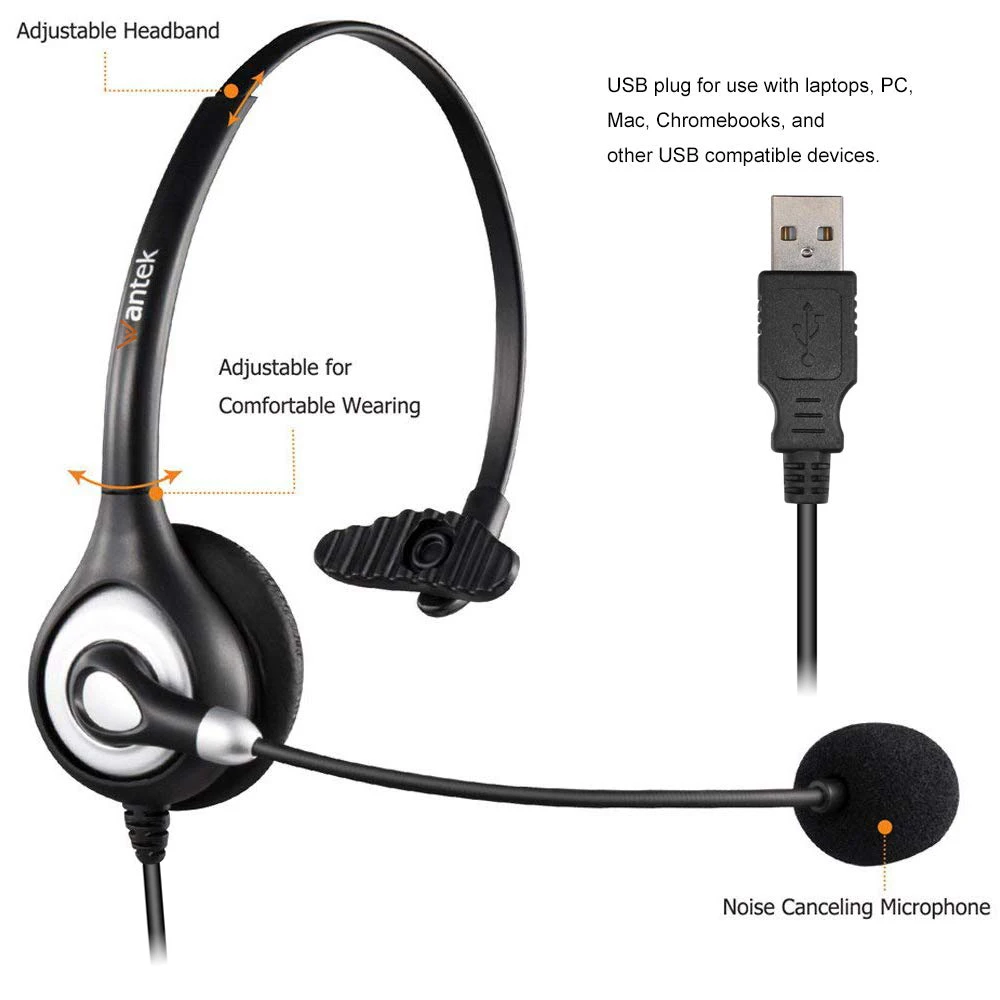  Call-Center - Auriculares USB con micrófono binaural UC para  computadora - Micrófono con cancelación de ruido y silencio PC UC Equipos  Skype para negocios : Electrónica
