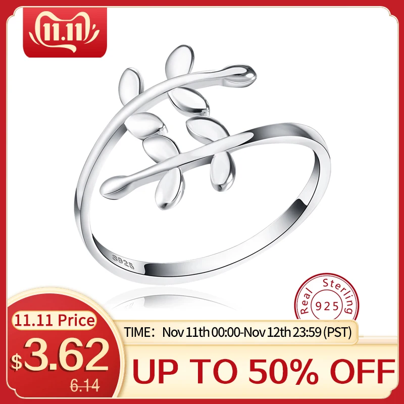 

Effie Queen Sterling Silver Rings Cute Leave Design Open Cuff Elegant Engagement Party Women Adjustable Ring Jewelry Gift TSR12