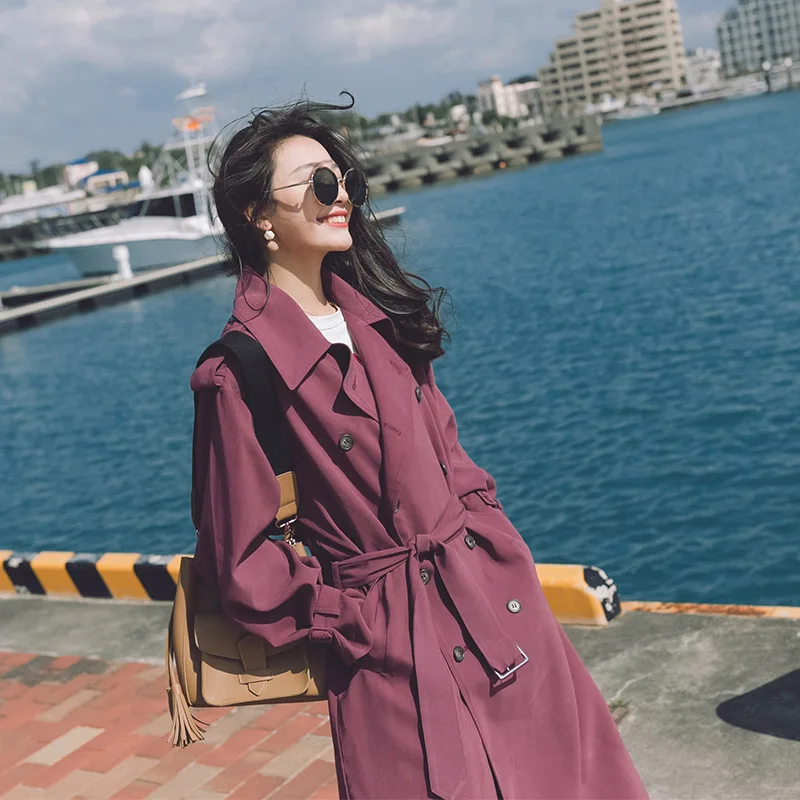 

2019 New korean trech coat solid color overcoat female sweet casual style temperament Waist was thin trench coat for women D35