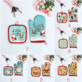 

2pcs/set Christmas Baking Anti-Hot Gloves Oven Microwave Insulation Mat Xmas Supply Mitts and Potholder mat Nitrile gloves #K