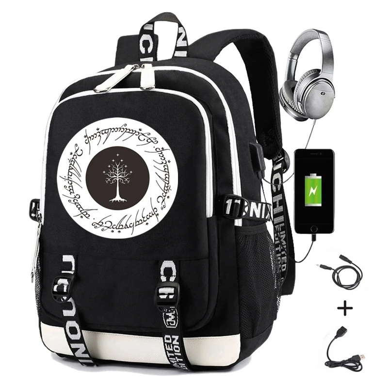 Рюкзак с кольцами "Властелин" с принтом Хоббита Гондора, белая елка, школьные сумки для студентов, мужской рюкзак для путешествий, рюкзак для ноутбука, зарядка через Usb