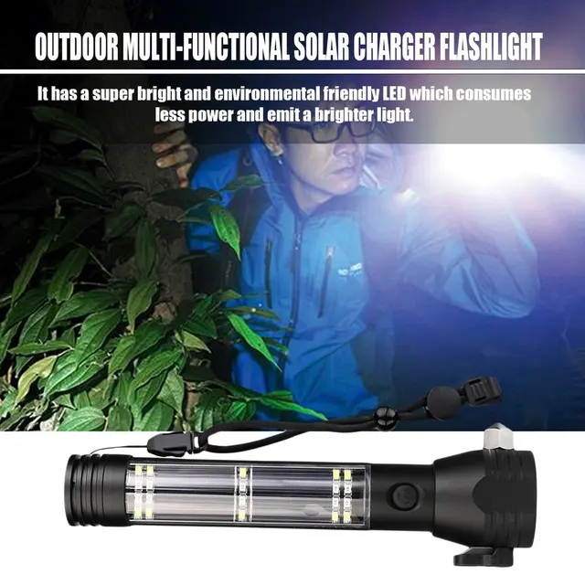 Solar Power LED Flashlight 9 in 1 Multi-Functional Safety Hammer Torch Light With Power Bank Magnet Survival Tool Emergency Ligh 5