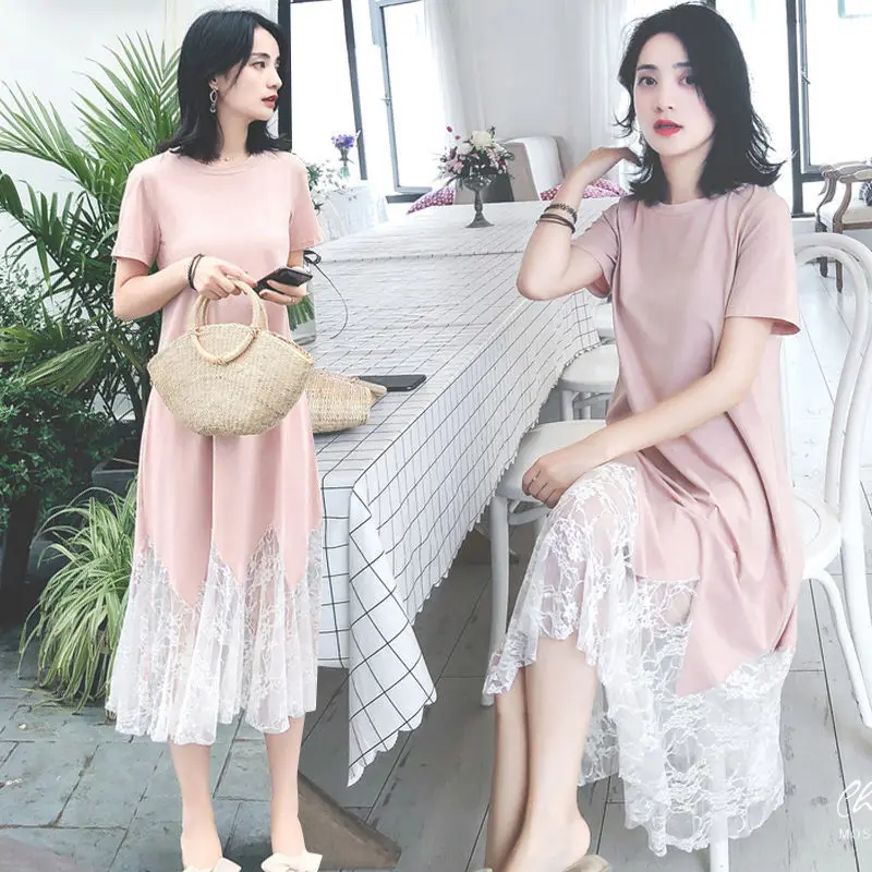 

Maternity Clothes Summer Wear Dress Mid-length Loose Short Sleeve Lace Stitching Coat Skirt New Style Pregnant Women Summer Wear