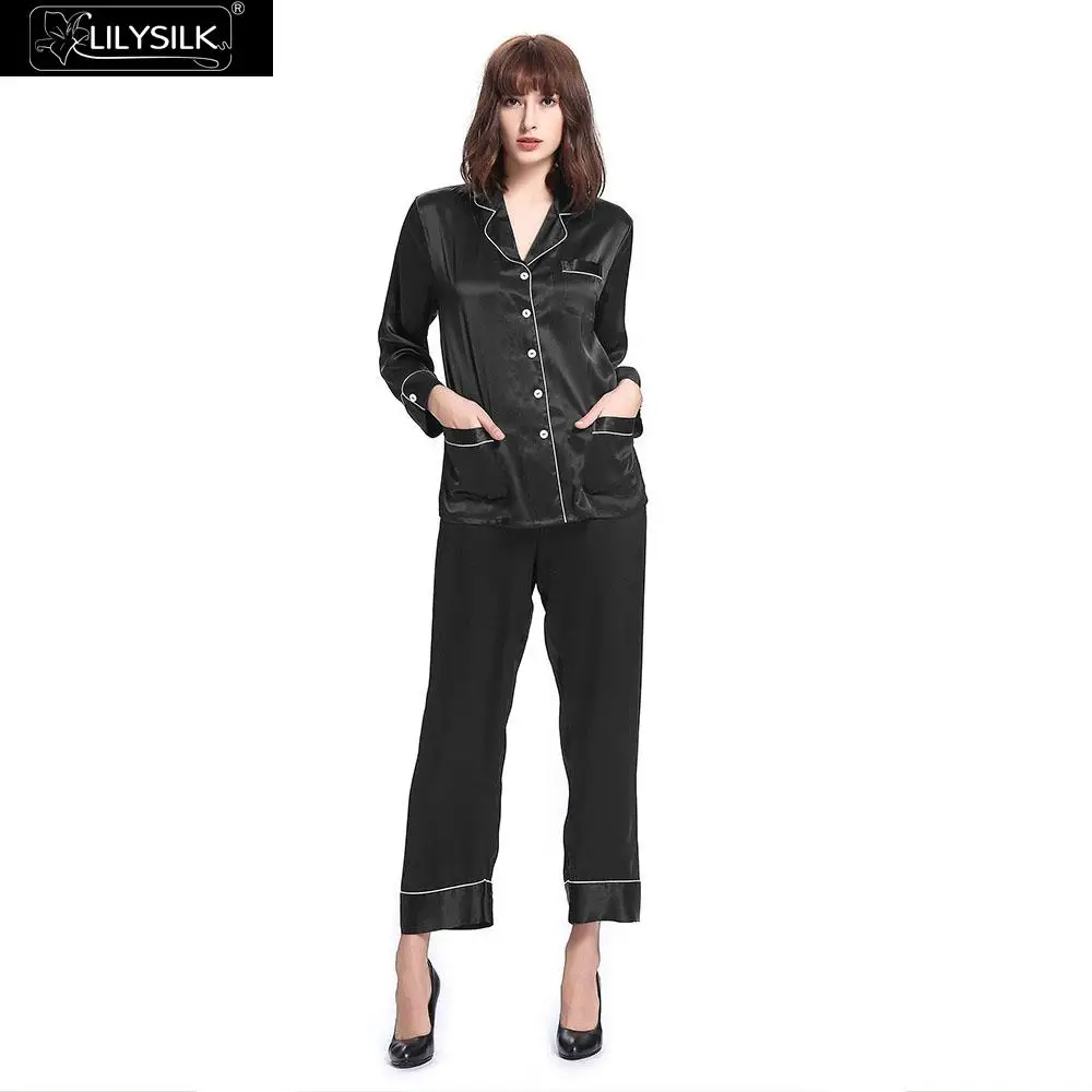 Black LilySilk пижамы женская шелковая пара костюм белье домашняя одежда для женщин 22 Momme отделкой Пуговицы отложным воротником Подпушка воротник чувствительной Уход за кожей - Цвет: Black