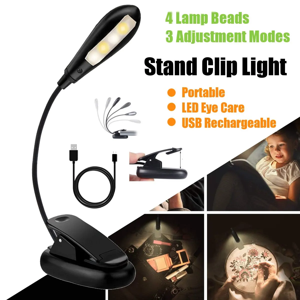  LED Book Light LED Lamp Light Book Reading Lamp USB Rechargeable Stand Light Clip-On For Book Reade - 4000103522826