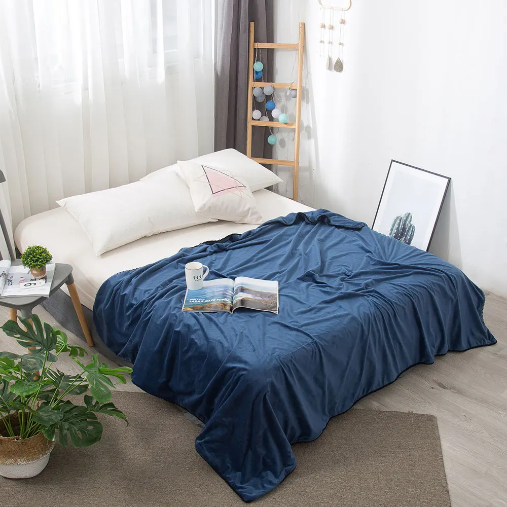 

150x200cm Multifunctional Soft Solid Crystal Velvet Blanket Double Layer Duvet Cover with Tassels Balls Sofa Blanket Bedding D20