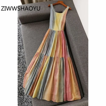

ZIWWSHAOYU Summer Women Multicolor Print Cotton Pleated Dress Fashion Designer Ladies High Waist Open Back Bohemian Mid Dresses