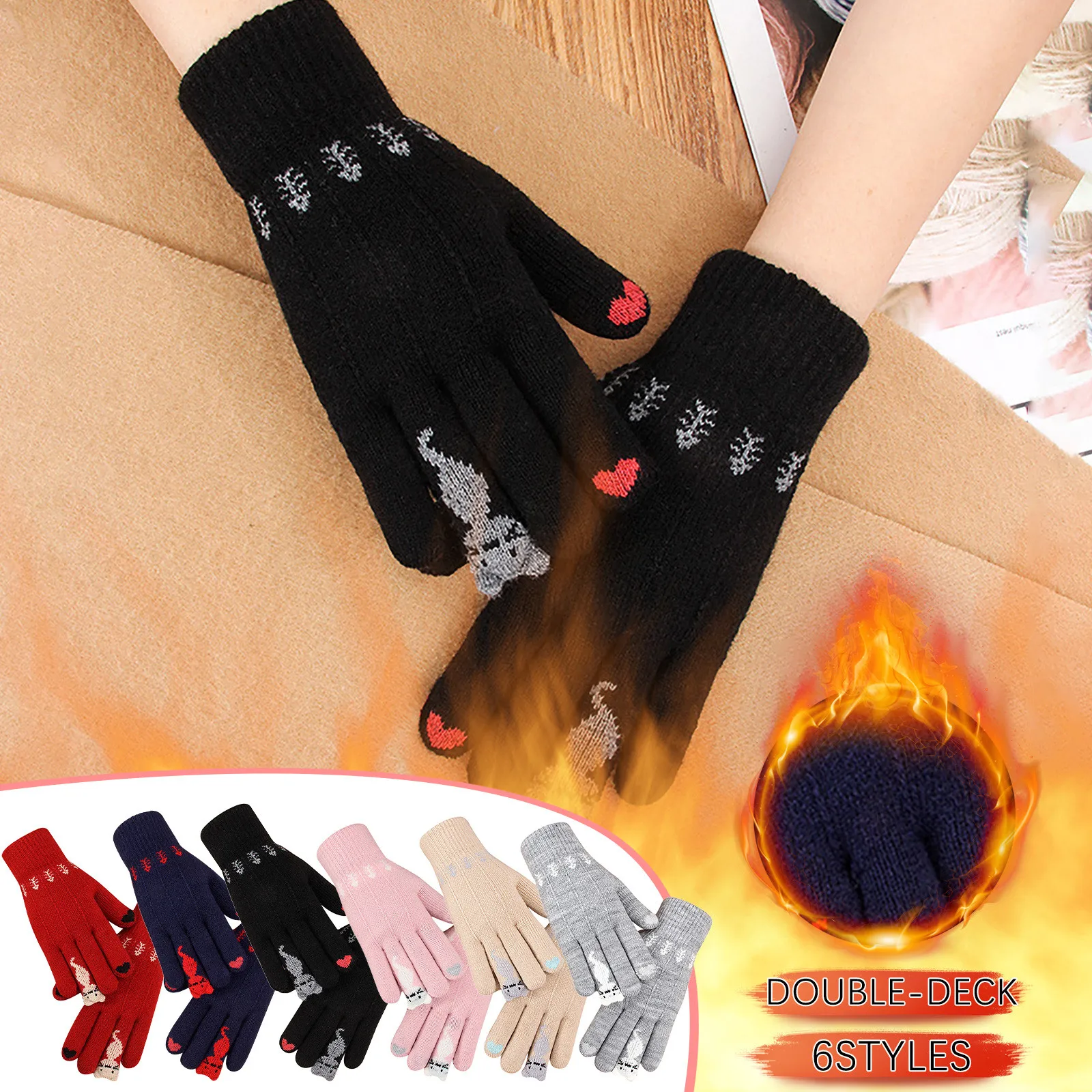 Women Soft Warm Mitten Touch Screen Gloves Girl Stretch Knitted Finger Keep Cat Print Winter Double Layer Thicken | Спорт и
