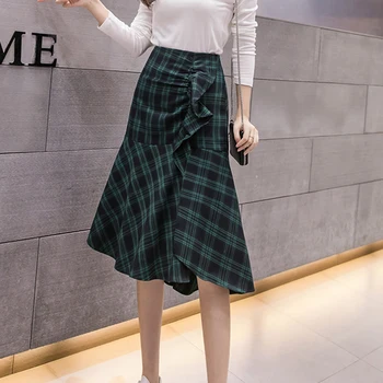 

2020 New Green plaid Skirts Women Korean High Waist irregular midi Skirts Ladies Summer Ruffle Skirt jupe femme
