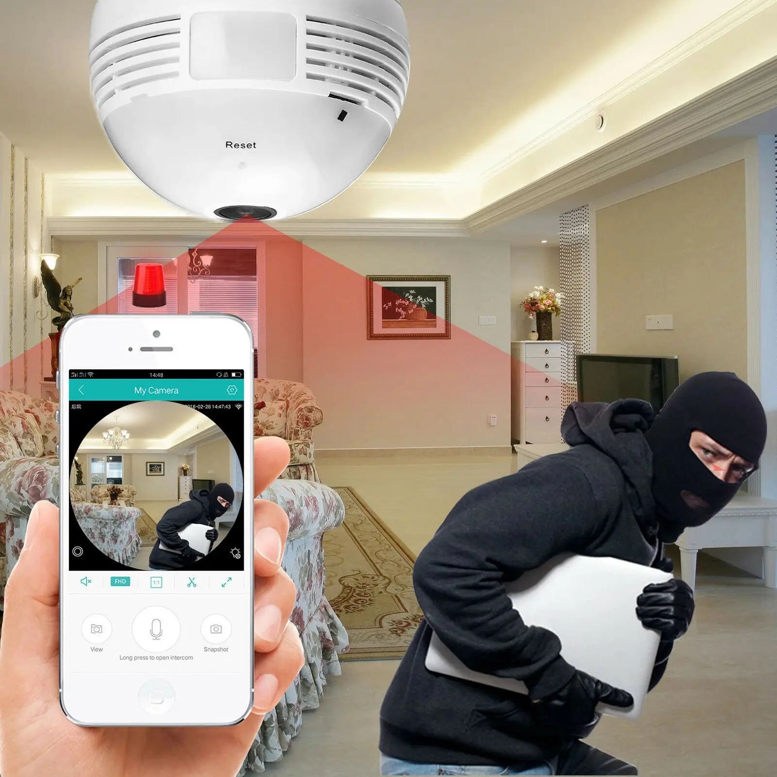 Мини камера видеонаблюдения с поддержкой Wi Fi и панорамной лампочкой 360
