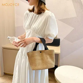 

Women Beach Bucket Bags Straw Woven Handbag Summer Female Classic Texture Creative Design Chic Casual Daily Shopping Totes