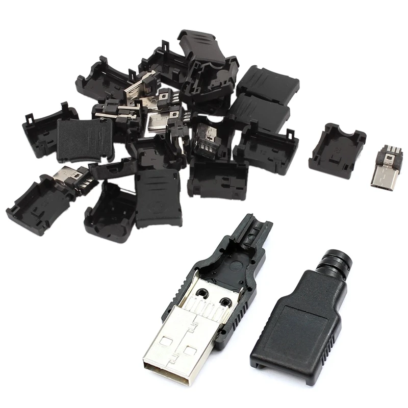 

New 10pcs Type A Male USB 4 Pin Plug Socket Connector With Black Plastic Cover & 10PCS 5-Pin Micro-USB Type B Male Plug Connecto