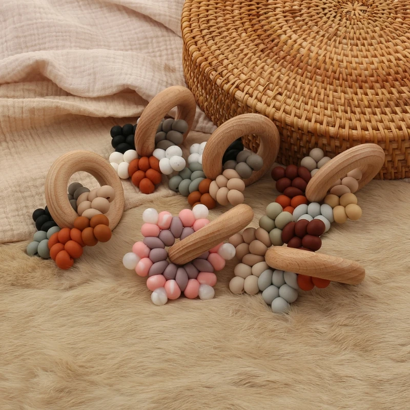 Food Grade Silicone Beads Baby Teether Beech Wood Ring Teething Newborn Bracelet Play Gym Montessori Baby Toys