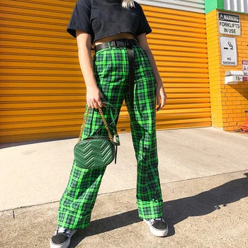 

Green Casual Plaid Straight High Waist Pants Streetwear Pocket Loose Baggy Pants Ladies Trousers Autumn Winter Harajuku