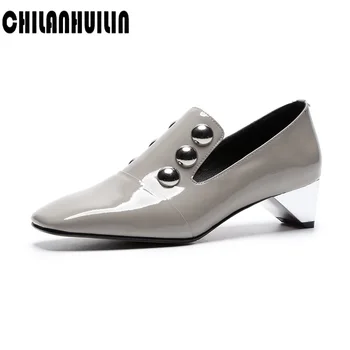 

2020 spring autumn women shoes solid black leather pumps square heels slip on loafers metal decoration moccasins casual shoes