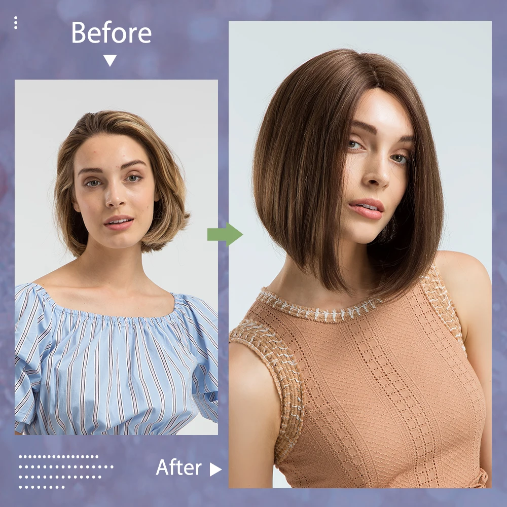 INHAIR кубик синтетический смесь короткие прямые волосы бесклеевой кружевной парик Боб ручная вязка средняя часть смешанные цвета коричневый парики для женщин