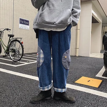 

Autumn New Corduroy Pants Men Fashion Contrast Color Stitching Casual Trousers Man Streetwear Wild Hip Hop Loose Straight Pants