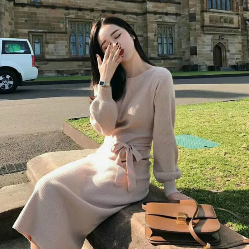 Women's Dress 2020 Spring Winter Sweater Ribbed Knitted Thin Lantern Sleeves Warm Long Lady Casual Elegant Party Dresses | Женская