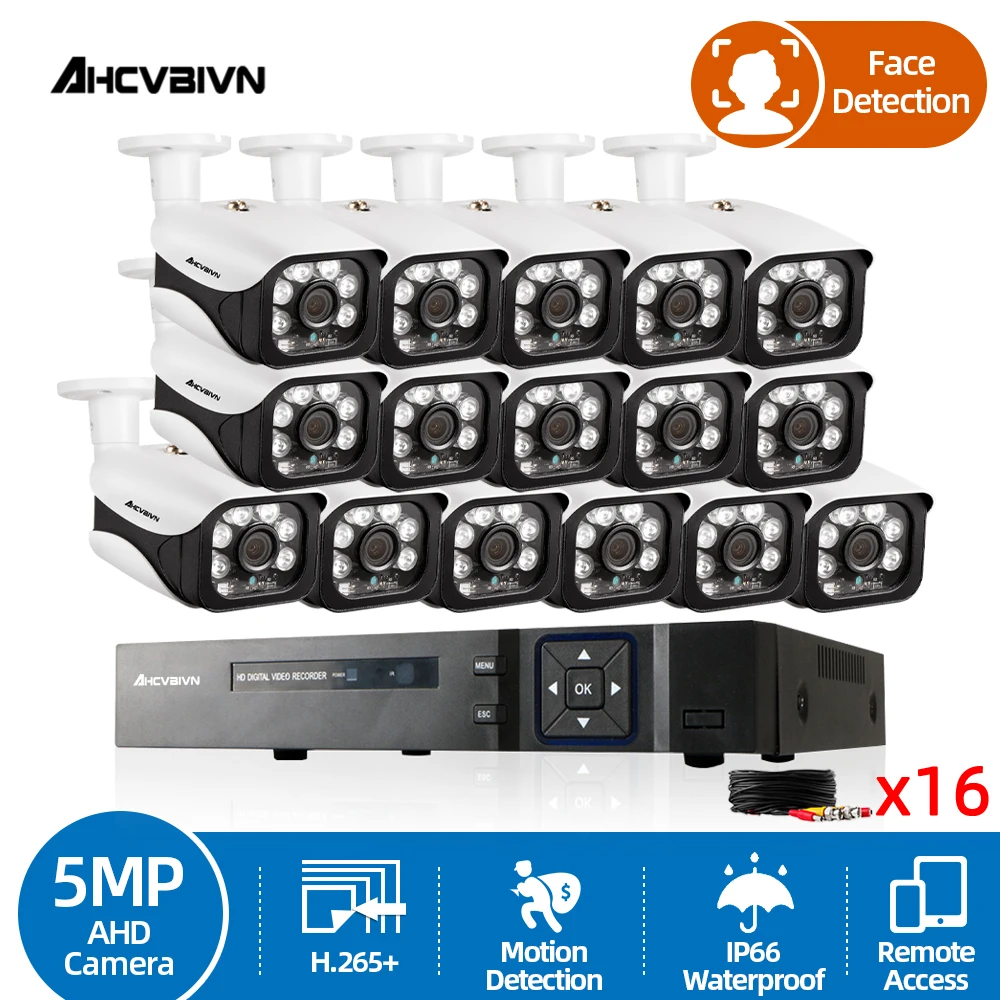 

AHCVBIVN H.265 16CH 2MP 5MP AHD DVR CCTV Security System Kits IR Cut Outdoor 5.0MP Security Camera P2P Video Surveillance Set