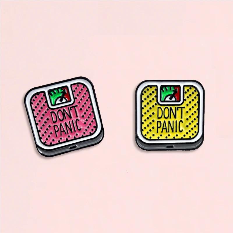 

Fashion Trendy" Don't Panic " Body Weighing Scale Excessive Weight Enamel Lapel Pins Brooches Jewelry Red/Yellow Scale Brooch