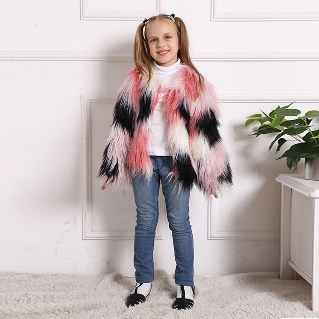 Модная стильная детская куртка из искусственного меха зимнее ветрозащитное пальто для маленьких девочек теплая верхняя одежда с длинными рукавами Manteau fille@ 45