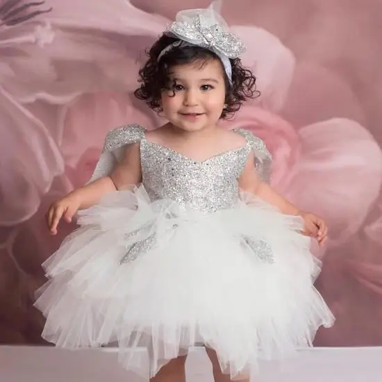 

New Silver Shiny Sequined Baby Infant Girls Birthday Party Dresses Puffy Tulle Backless Princess Party Pageant Gown