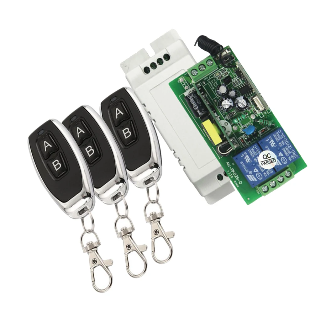433MHz Wireless Remote Control Switch AC 85-250V 2 CH Relay Receiver Module + 3 RF  For Garage Door Openers, Cars, LED Lights