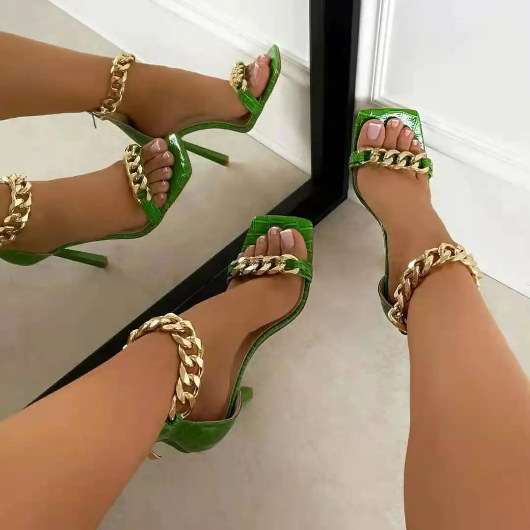 Mollyshoe Gold-Tone Chain Embellished Ankle Strap Chunky Heels | Ankle strap  chunky heels, Ankle strap high heels, Heels