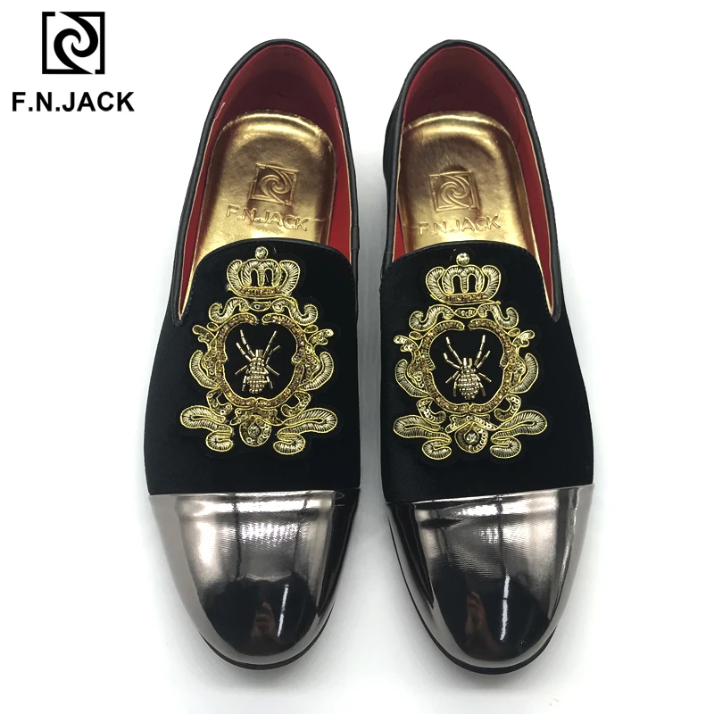 

F.N.JACK Classic Black Velvet Men's Shoes Casual Rubber Loafers for Man with Vintage Decoration