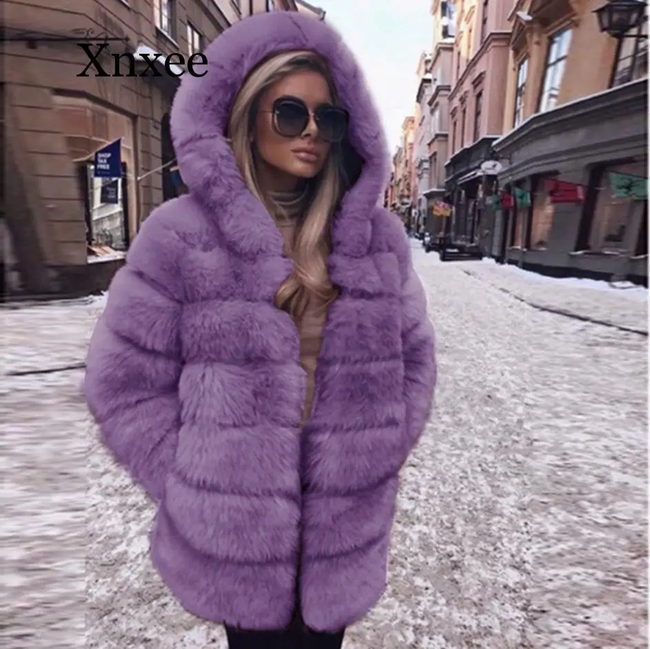 Модное меховое пальто Женская длинная куртка из натурального Лисьего меха с большим меховым капюшоном полный рукав зимний толстый мех